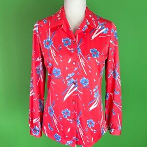Vintage 70s Coral Floral Print Button Up Blouse Disco Shirt - Size Medium